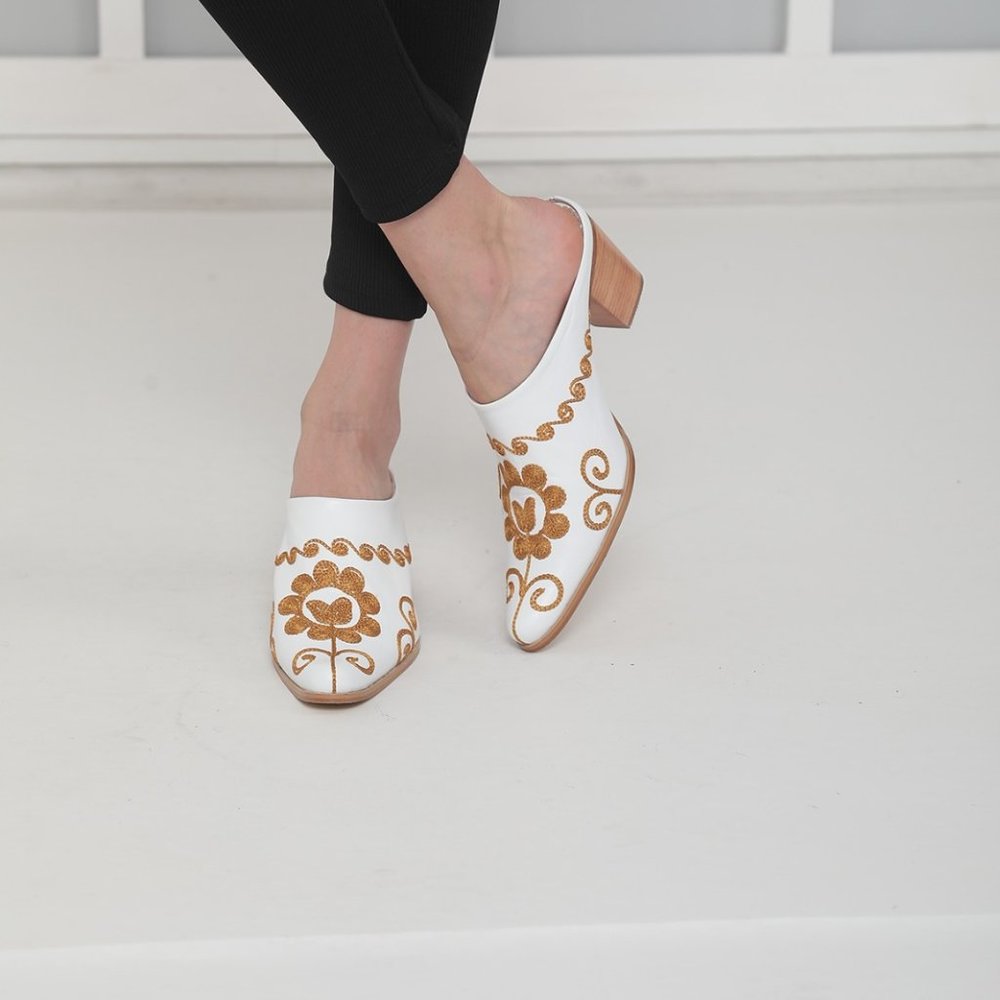 Custom Made Women's Mules, Genuine Leather, Embroidery Sandals, Open Heel, Slip